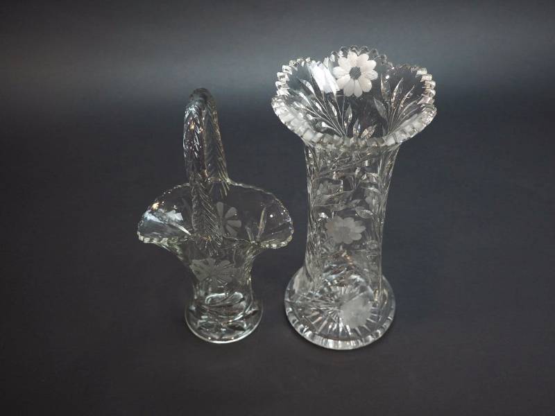 lot 42 image: Cut Glass Large Vase and Cut Glass Basket, Floral Design