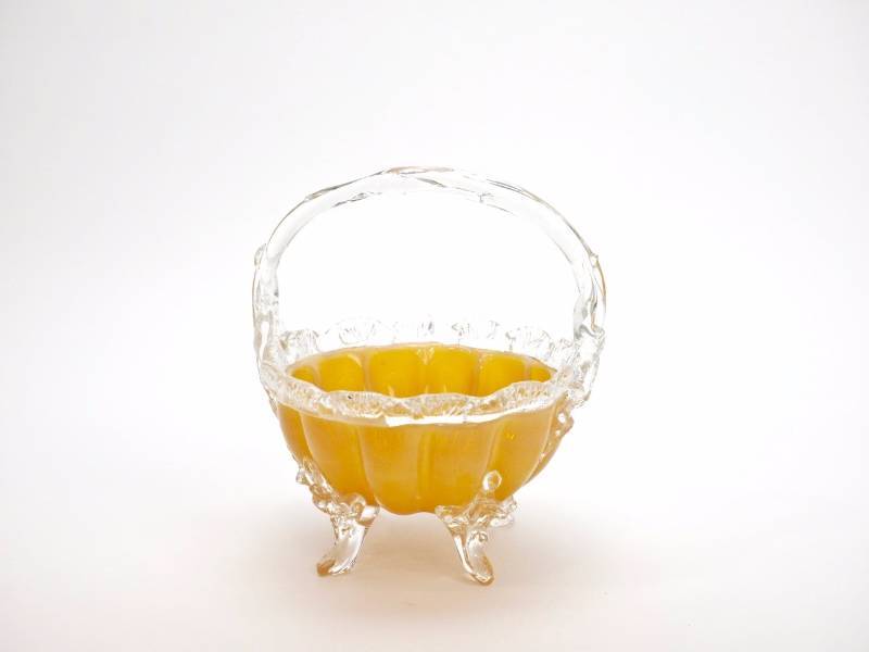 lot 51 image: Antique Bohemian blown peach glass basket, Clear rigaree
