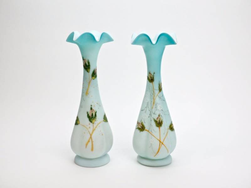 lot 52 image: Two antique Bohemian cased blue satin vases, hand blown, hand painted, rare set
