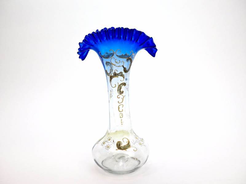 lot 53 image: Antique Bohemian blue ruffled blown glass vase, hand painted
