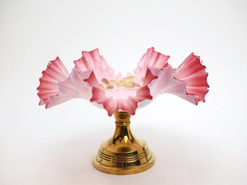 lot 54 image: Brides Basket, Pink Cased Glass, Painted w Gold Leaf