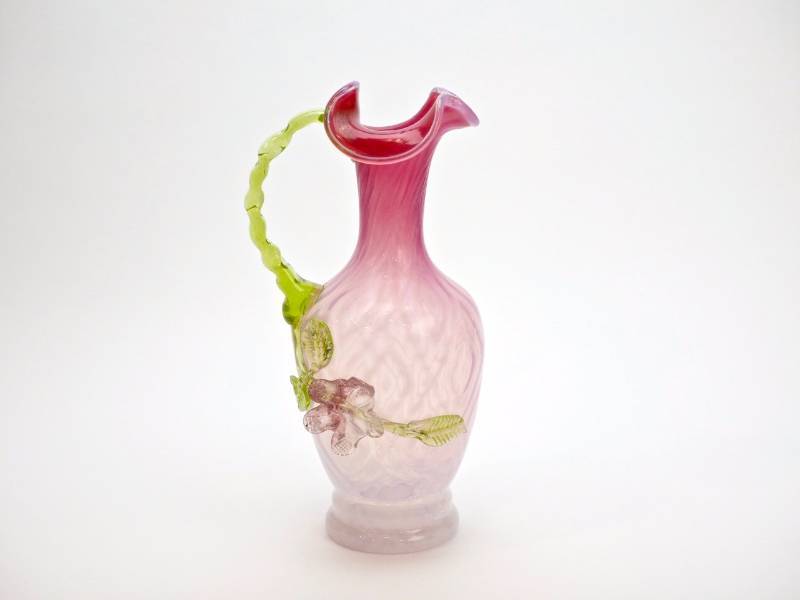 lot 56 image: Victorian Cranberry Glass Diamond Opalescent Ewer with Applied Flowers