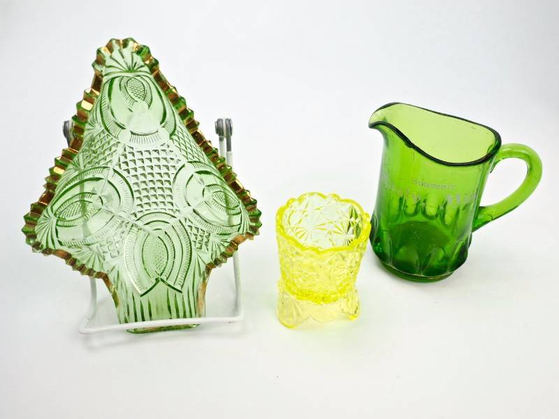 lot 67 image: Hasty, MN Souvenir Creamer, Vaseline Toothpick Holder, and EAPG Christmas Tree Candy Dish