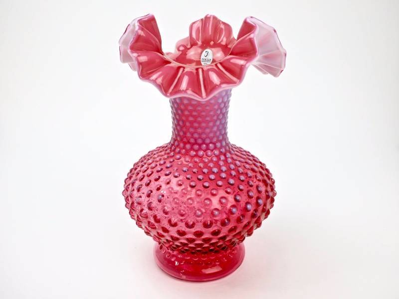 lot 71 image: Fenton Cranberry Opalescent Hobnail Vase, Silver Label