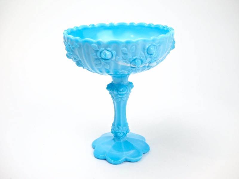 lot 78 image: Fenton Wild Roses Blue Slag Signed Compote