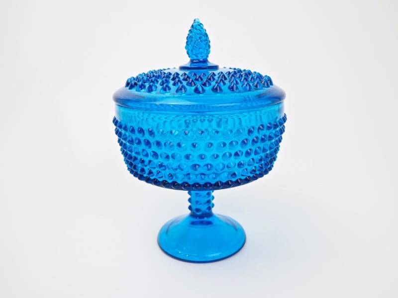 lot 90 image: Blue Hobnail Covered Compote