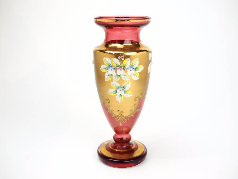 lot 116 image: Bohemian Cranberry Vase with Gold and Enameled Floral Dcor
