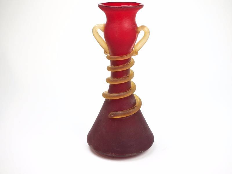 lot 122 image: Blown Glass Deep Red Glass Vase with Yellow Satin Handles and Wrapped Snake