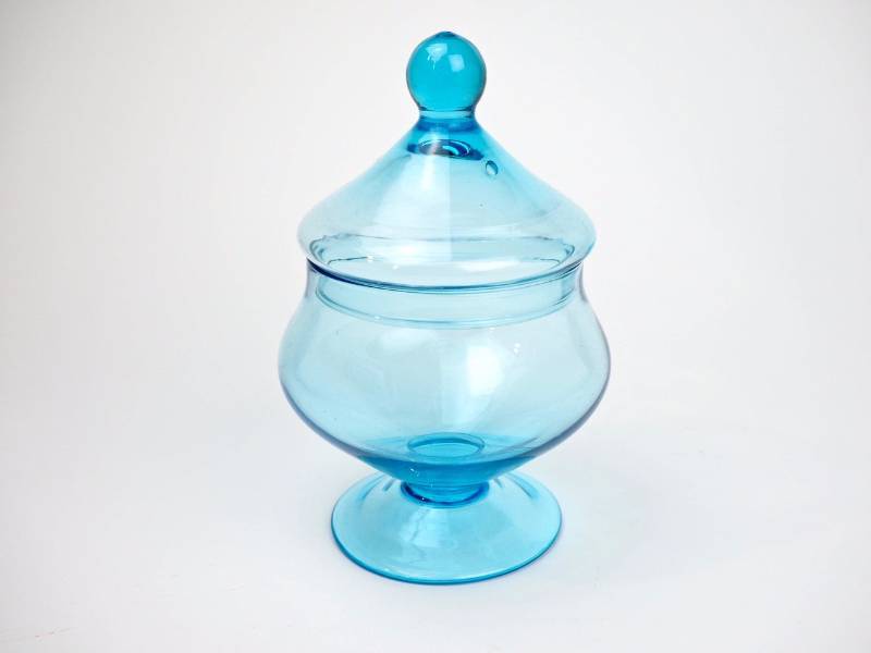 lot 130 image: Pale Blue Covered Candy Bowl, Blown Glass