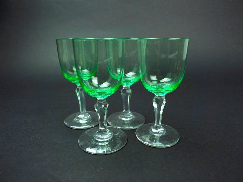 At Auction: Set of 12 Crystal Wine Glasses with Clear Stems and Green Glass  Bowls