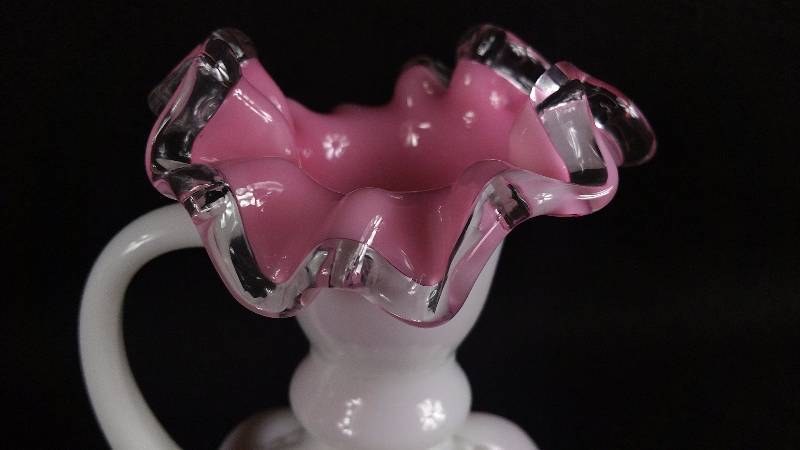 lot 75A image: Fenton Pink & White Handled Ruffled Vase