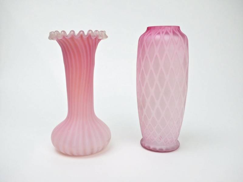 lot 57 image: Victorian Pink Opalescent Swirl Ruffled Vase, Pink Mt. Washington Diamond Air Case Glass