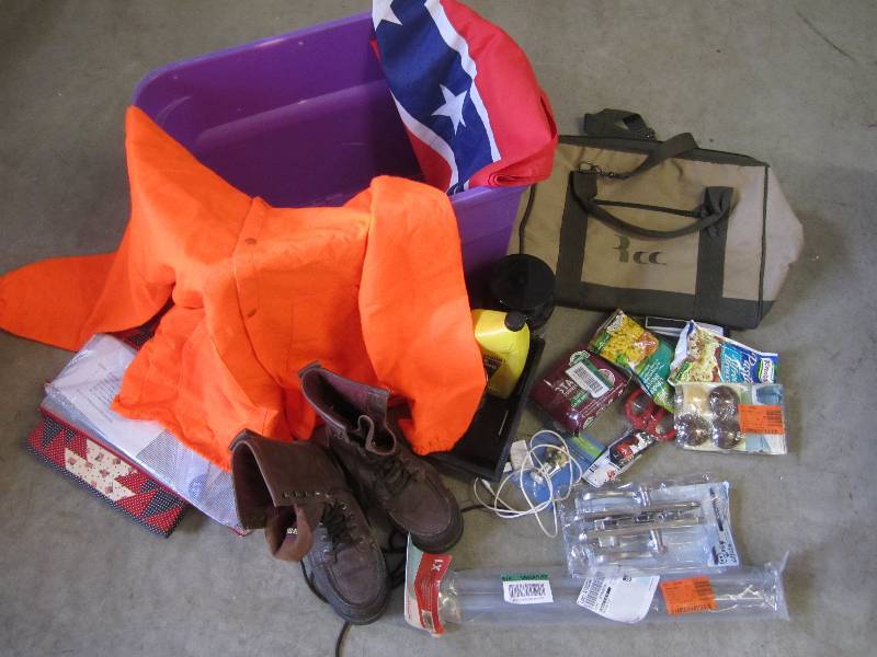 lot 46 image: Tote full of misc. Nice unused tool...