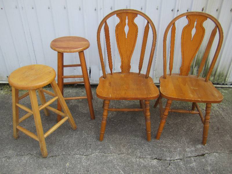 lot 102 image: Pair of Wood Chairs and Wood Stools...