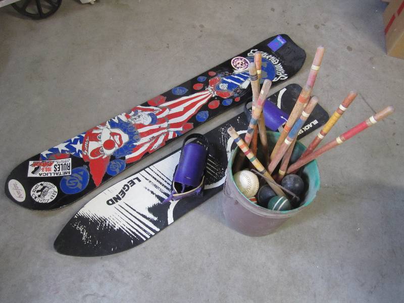 lot 106 image: Old croquet mallets balls etc. and ...