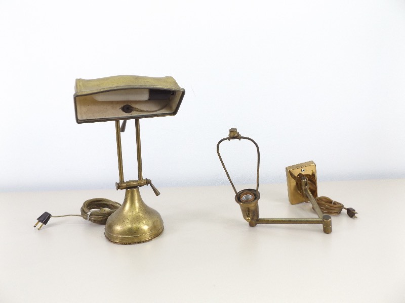 lot 12 image: Vintage Working Brass Desk Lamp, and Vintage Wall Hanging Adjustable Metal Lamp