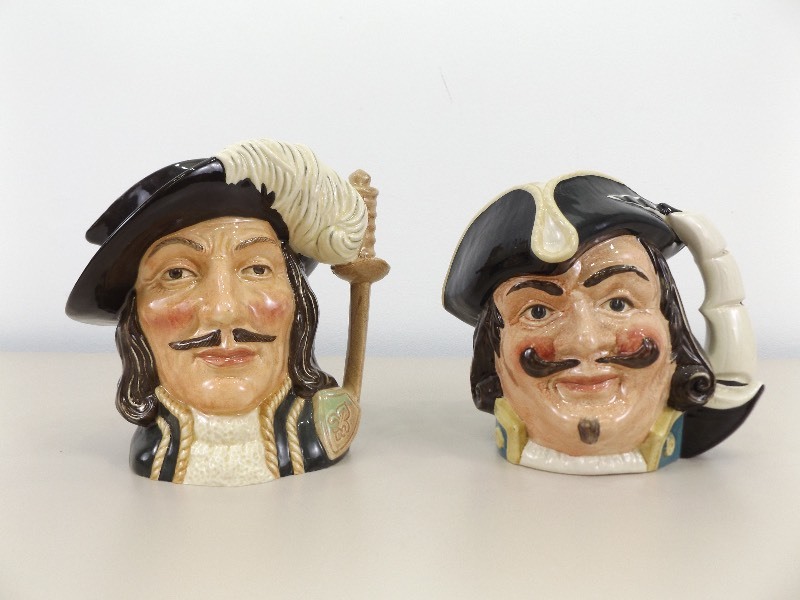lot 25 image: 2 MINT Vintage 1950s Royal Doulton Large Size Toby Mugs Athos and Capt Henry Morgan