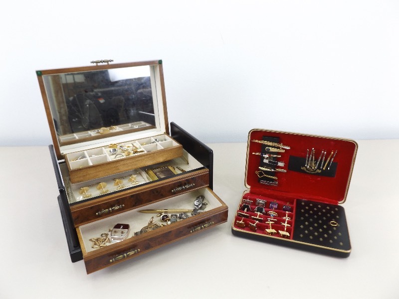 lot 8 image: 2 Jewelry Boxes Full of Vintage Mens Jewelry etc.