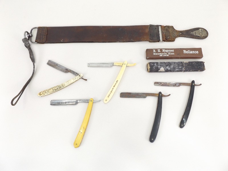 lot 9 image: Lot of Antique Straight Razors, and Leather Razor Strap