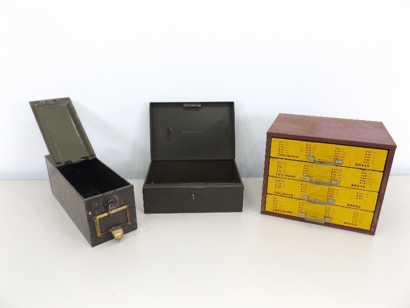 lot 48 image: 3 Metal Tool Box, and Safe Deposit Boxes