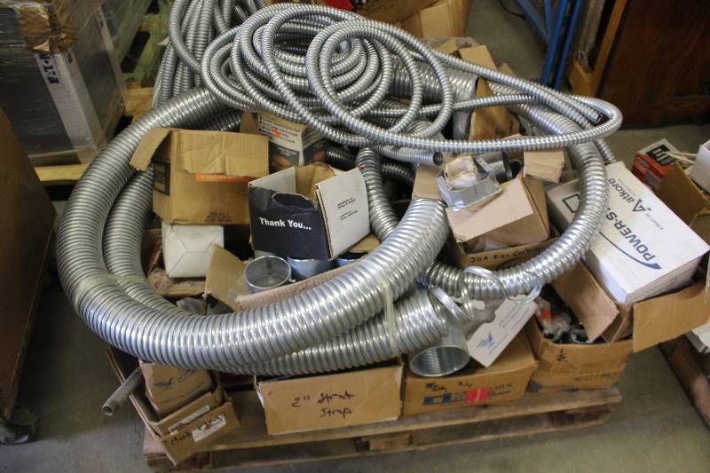 lot 101 image: Pallet Lot of Electrical Equipment Includes Switch Boxes, Conduit, Hardware
