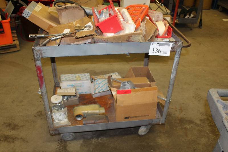 lot 136 image: 4-Wheel Metal Utility Cart w Contents