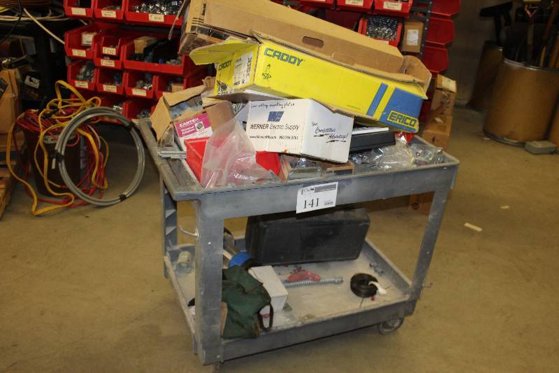 lot 141 image: 4-Wheel Grey Plastic Utility Cart and Contents