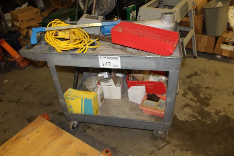 lot 142 image: 4-Wheel Grey Plastic Utility Cart and Contents