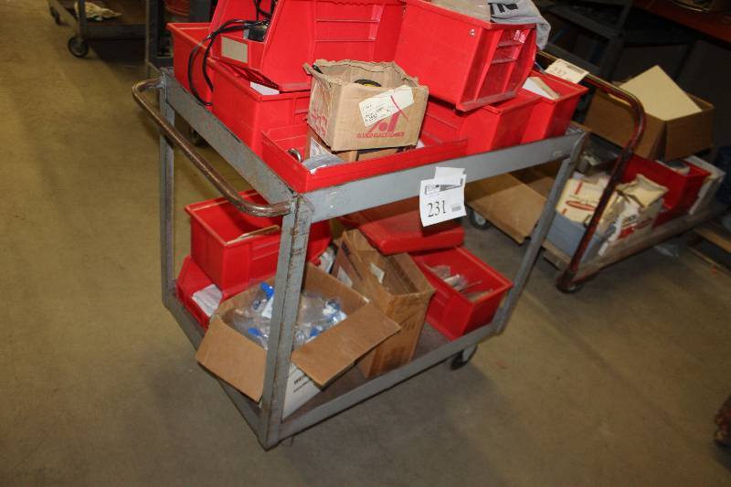 lot 231 image: 4-Wheel Metal Utility Cart and Contents