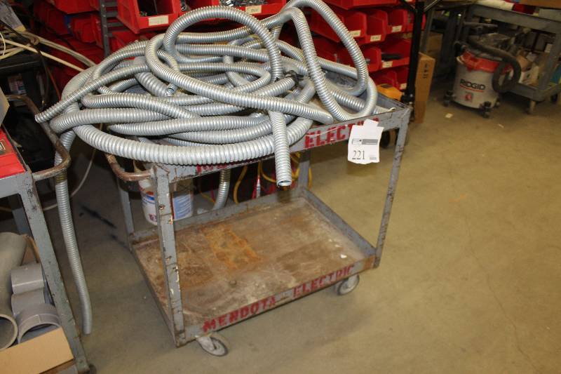 lot 221 image: 4-Wheel Metal Utility Cart and Contents