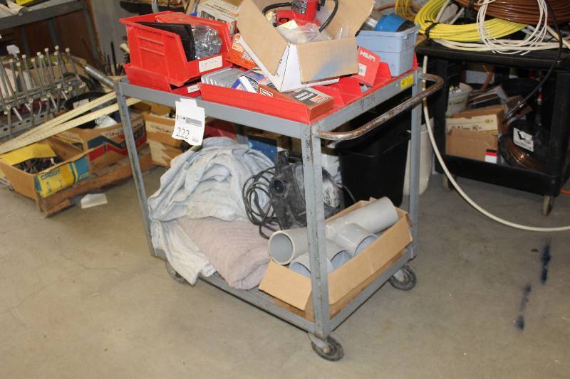 lot 222 image: 4-Wheel Metal Utility Cart and Contents