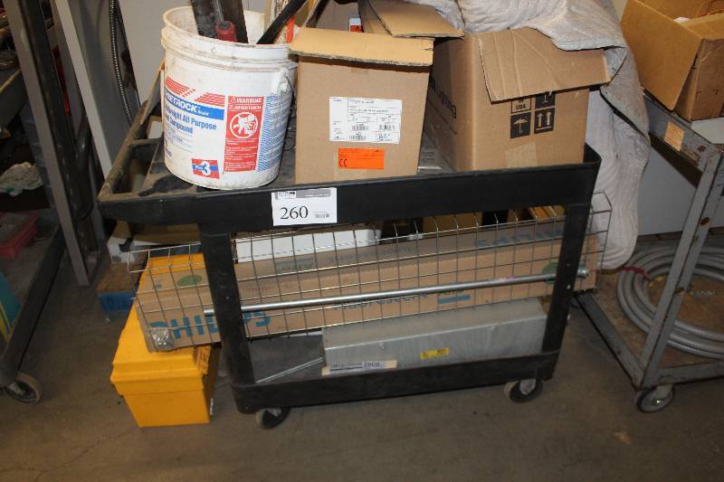 lot 260 image: 4-Wheel Plastic Utility Cart and Contents