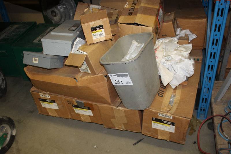 lot 281 image: Pallet Lot of Electrical Fuse Boxes, Voltage Switches, Safety Switches, And More