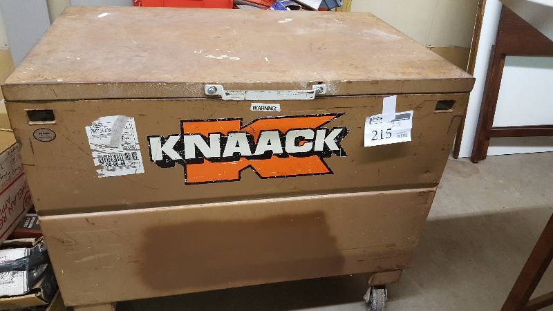 lot 215 image: Knack 4-Wheel Metal Storage Bin w Hinged Lid, Tool Tray