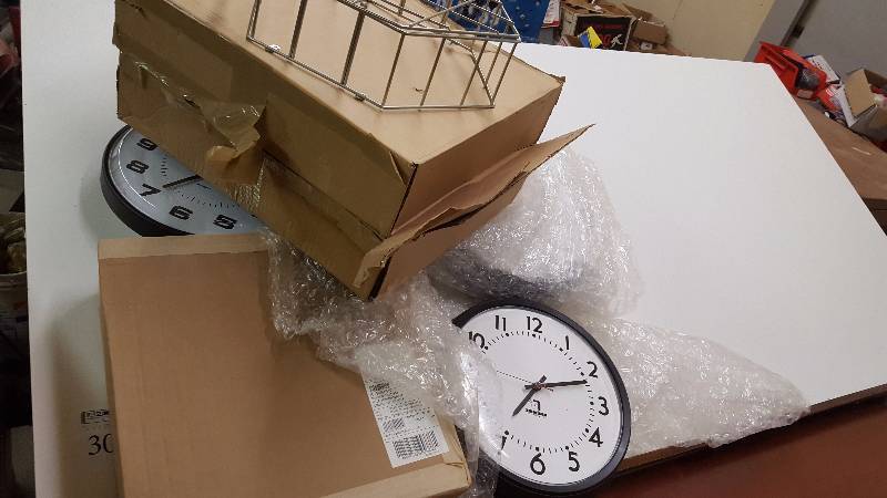 lot 406 image: Lot of (4) School Clocks and Wire Guards - includes (2) American & (2) Simplex