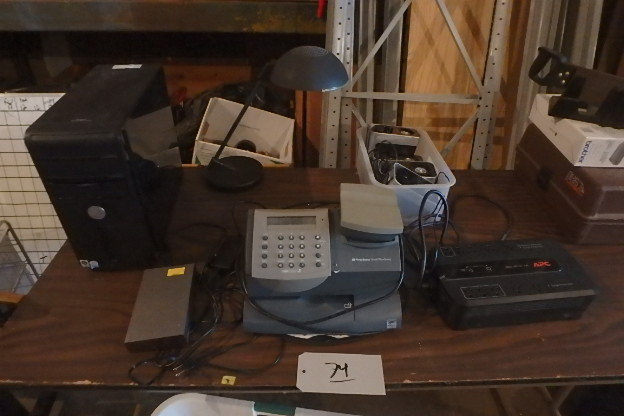 lot 74 image: Dell Tower, Speakers,Mail Station, Lamp, Battery Back-up