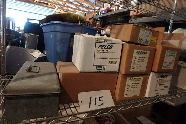 lot 115 image: Lot of Pendant Mounts for Security Cameras, Old Tool Box