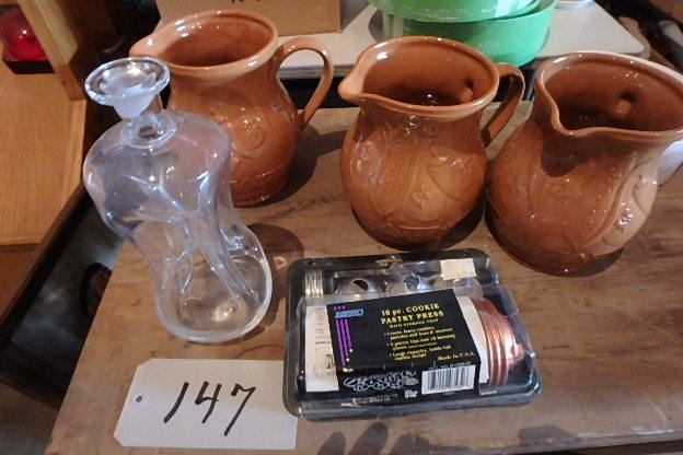 lot 147 image: 3 Brown Pitchers, Pastry Maker