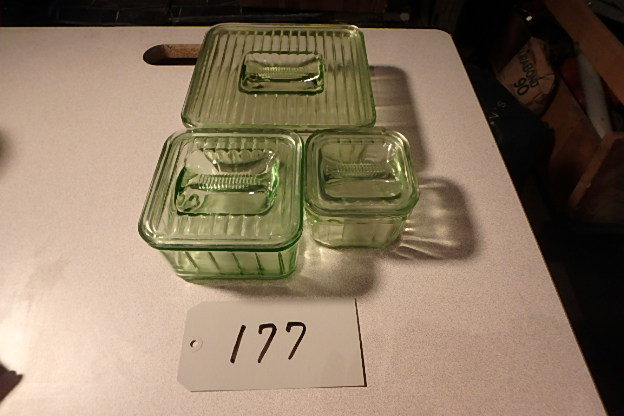 lot 177 image: 3 Green Glass Refridgerator Dishes