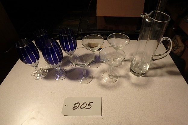lot 205 image: Blue Goblets, Martini Glasses, Martini Pitcher