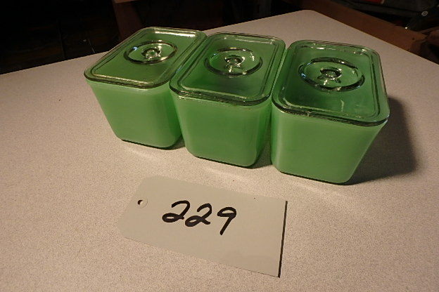 lot 229 image: 3 Green Glass Refridgerator Dishes