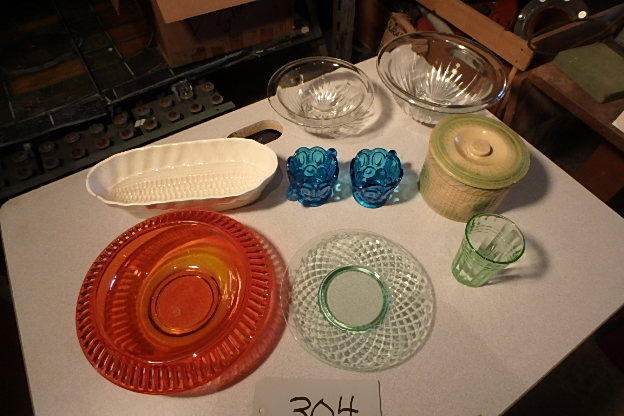 lot 304 image: Colored Glass, Stoneware Jar, Corn Butterer