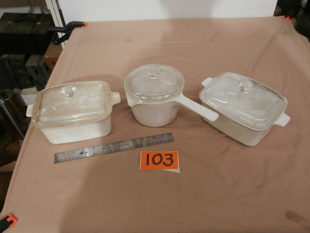 lot 103 image: Three Pieces of CORNING Ovenware wLids