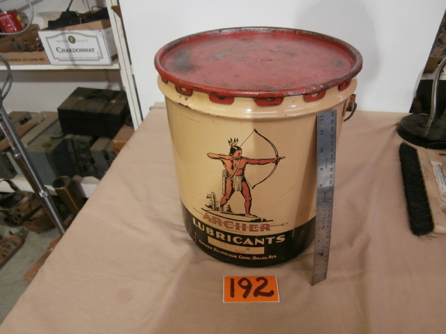 lot 192 image: Vintage ARCHER Petroleum Five Gallon Grease Can, FULL