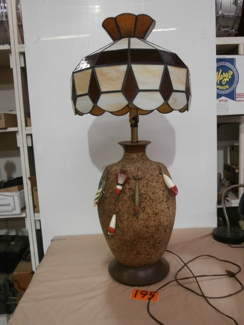lot 195 image: Large Table Lamp With Cork Base & Glass Shade