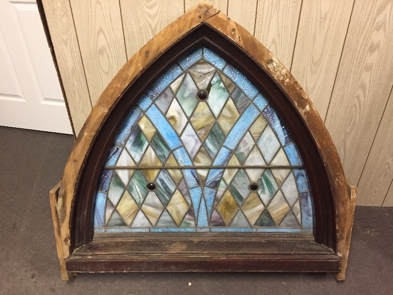 lot 2 image: Antique Arched Leaded Stained Glass Church Window
