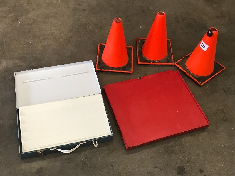 lot 50 image: Safety Cones, Water Hose, Toolbox Shelf, Etc