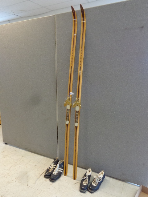 lot 145 image: Vintage Wood Cross Country Skis and Boots