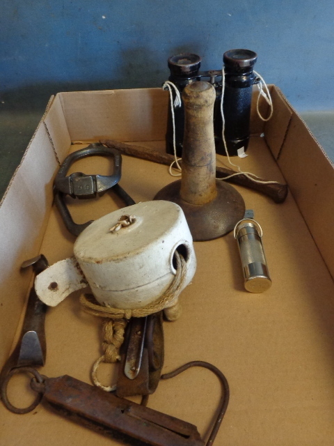 lot 213 image: Vintage Binoculars, Reel, Fish Scale and More