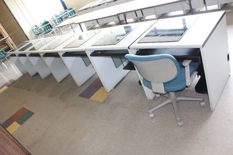 lot 376 image: Lot of (7) Student Desks w Glass Tops, Keyboard Trays